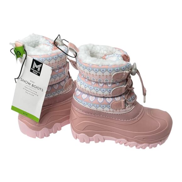 NEW Girls SNOW BOOTS 9/10 Fleece Line Pink Boot Winter Water Resist Hearts NWT - Picture 5 of 9